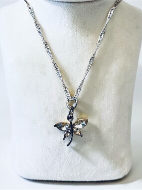 Silver Dragonfly Necklace with Clear Stones